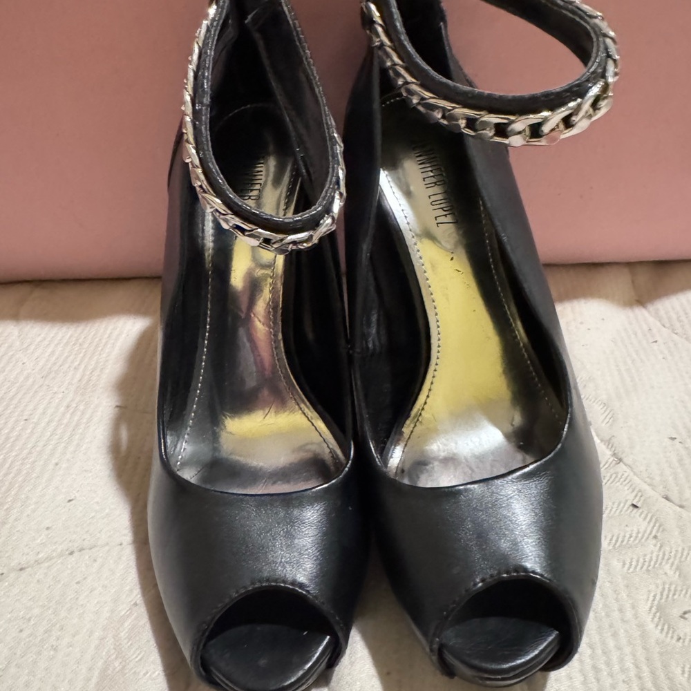 Jennifer Lopez Black Peep-Toe Heels with Chain Detail